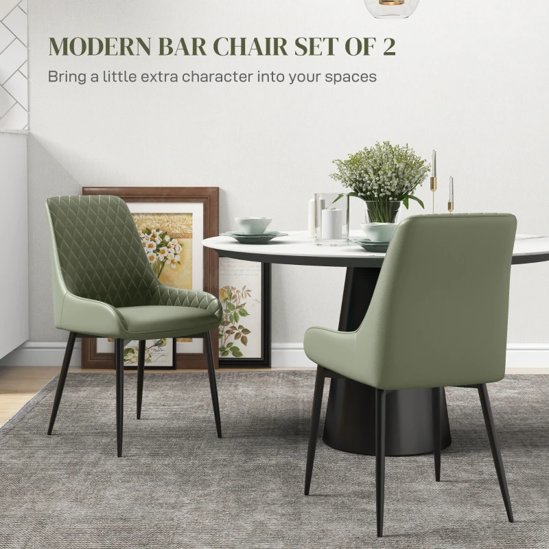 HOMCOM Upholstered Kitchen Chairs, Modern Dining Chairs Set of 2 with Diamond Tufting and Steel Legs for Dining Room, Green