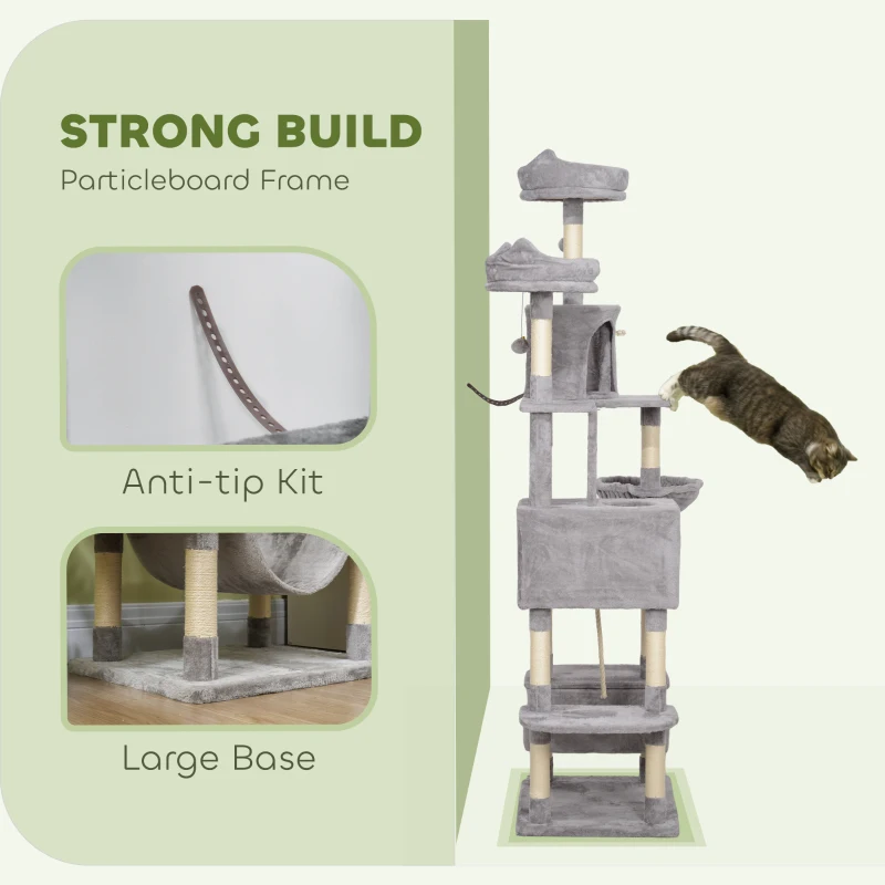 PawHut 81" Large Cat Tree w/ Scratching Posts, Condos, Beds, Hammocks, Jumping Platforms, Toy Balls, Rope Cat Toy, Light Grey