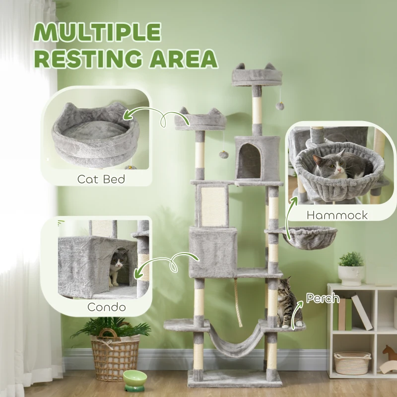 PawHut 81" Large Cat Tree w/ Scratching Posts, Condos, Beds, Hammocks, Jumping Platforms, Toy Balls, Rope Cat Toy, Light Grey