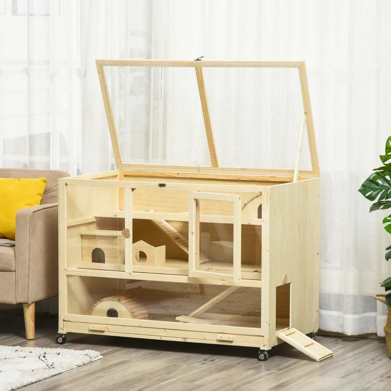 PawHut Wooden Hamster Cage, 3 Tier Rat Cage with Openable Roof, Run, Ladders, Run, Ladders, Wheels, Tray, Natural Wood