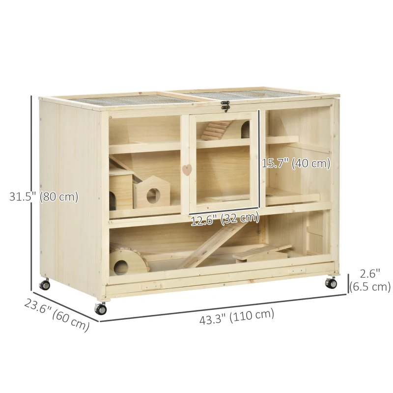 PawHut Wooden Hamster Cage, 3 Tier Rat Cage with Openable Roof, Run, Ladders, Run, Ladders, Wheels, Tray, Natural Wood