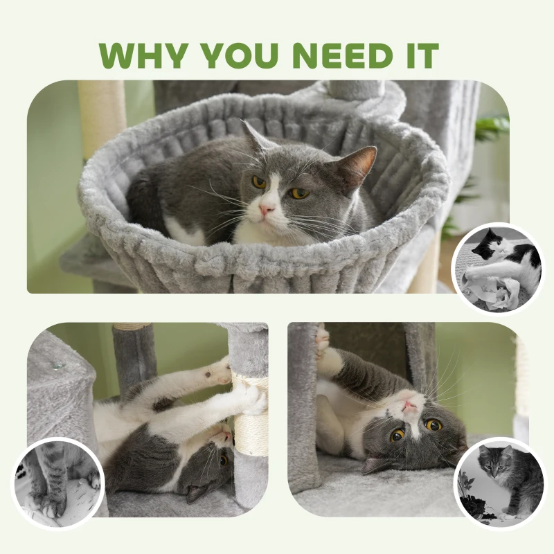 PawHut 81" Large Cat Tree w/ Scratching Posts, Condos, Beds, Hammocks, Jumping Platforms, Toy Balls, Rope Cat Toy, Light Grey