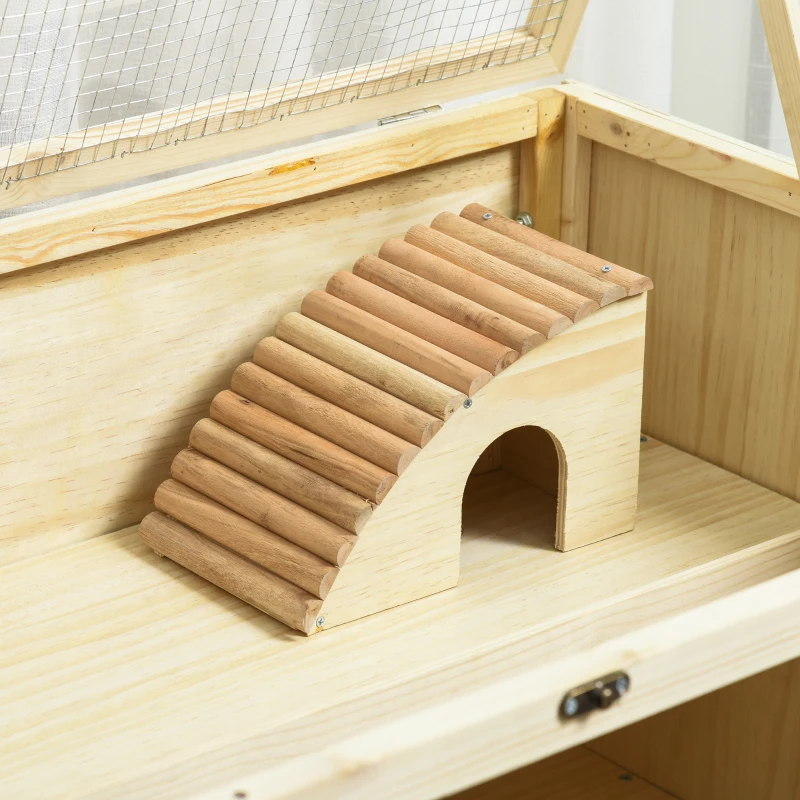 PawHut Wooden Hamster Cage, 3 Tier Rat Cage with Openable Roof, Run, Ladders, Run, Ladders, Wheels, Tray, Natural Wood