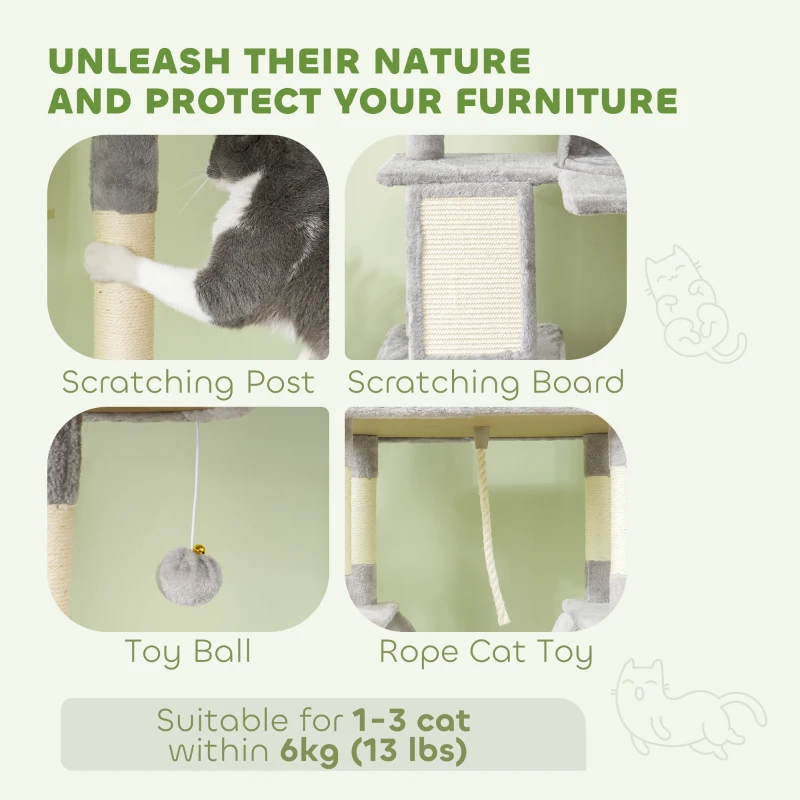 PawHut 81" Large Cat Tree w/ Scratching Posts, Condos, Beds, Hammocks, Jumping Platforms, Toy Balls, Rope Cat Toy, Light Grey