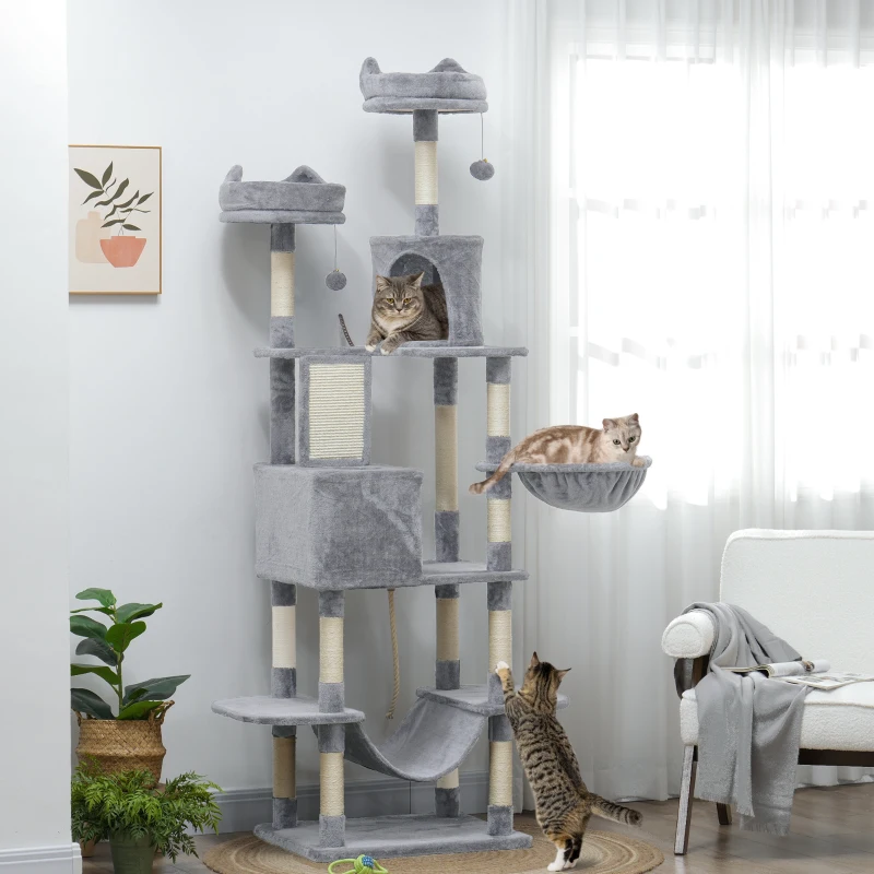 PawHut 81" Large Cat Tree w/ Scratching Posts, Condos, Beds, Hammocks, Jumping Platforms, Toy Balls, Rope Cat Toy, Light Grey