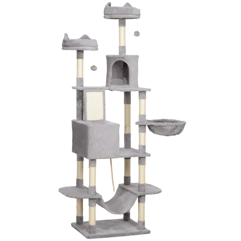 PawHut 81" Large Cat Tree w/ Scratching Posts, Condos, Beds, Hammocks, Jumping Platforms, Toy Balls, Rope Cat Toy, Light Grey