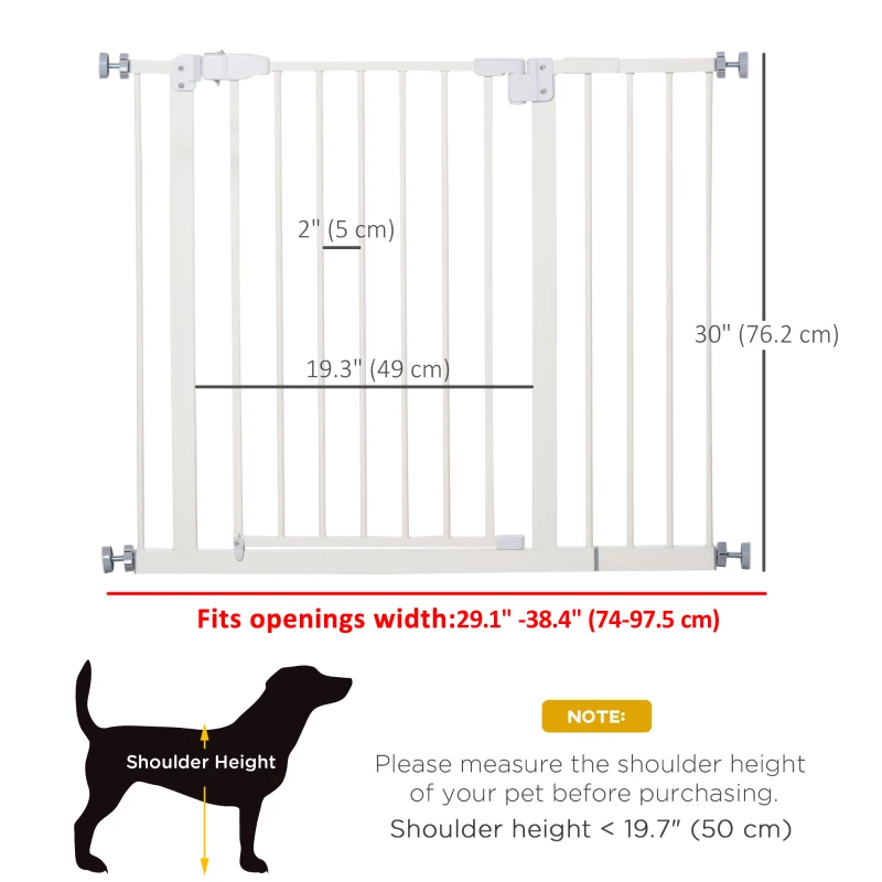 PawHut 30 Inch Tall Pet Gate with Door Dog Gate and Barrier Indoor for Stairs Includes 7", Extensions Kit, Pressure-Mounted Safety Gate, White