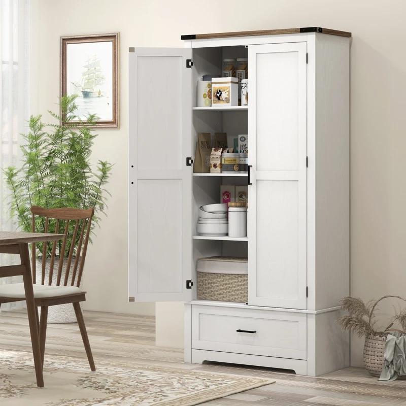 HOMCOM 69" Tall Farmhouse Kitchen Pantry Cabinet with 2 Doors, Drawer and Adjustable Shelves, White
