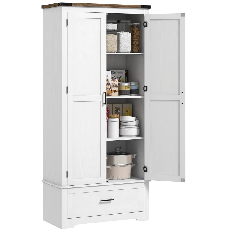 HOMCOM 69" Tall Farmhouse Kitchen Pantry Cabinet with 2 Doors, Drawer and Adjustable Shelves, White