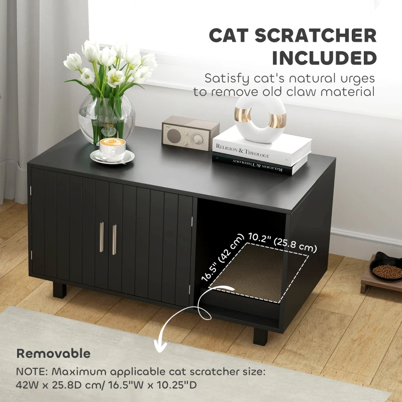 PawHut Cat Litter Box Enclosure, Cat House End Table with Scratcher, Black