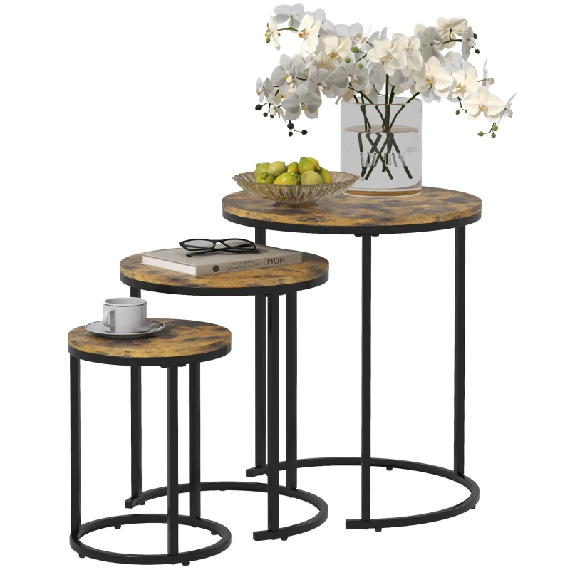 HOMCOM Nesting Coffee Tables Set of 3, Stacking Round Side Tables with Steel Frame for Living Room, Rustic Brown