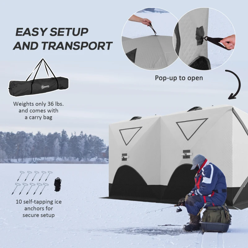 Outsunny 8-Person Insulated Ice Fishing Tent Shelter with Ventilation Windows and Carry Bag, for -22℉, Grey