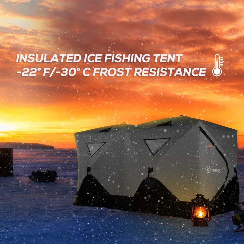 Outsunny 8-Person Insulated Ice Fishing Tent Shelter with Ventilation Windows and Carry Bag, for -22℉, Grey