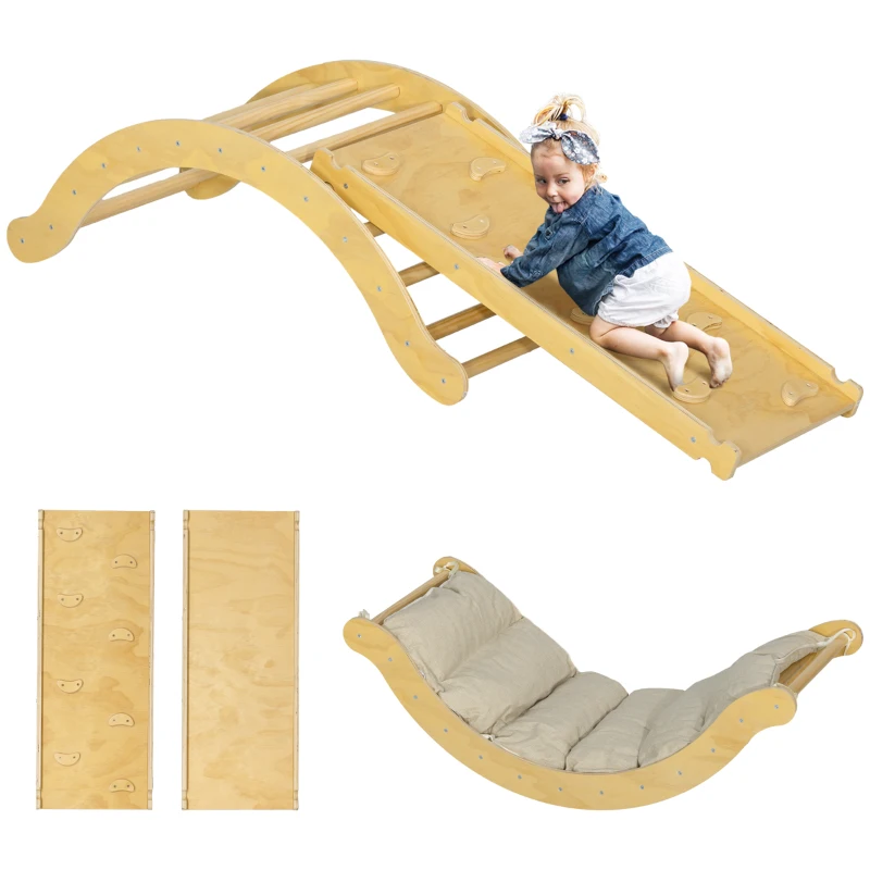 Qaba 4 In 1 Indoor Toddler Climbing Toy Set with Arch Climber, Ramp & Cushion, Wood