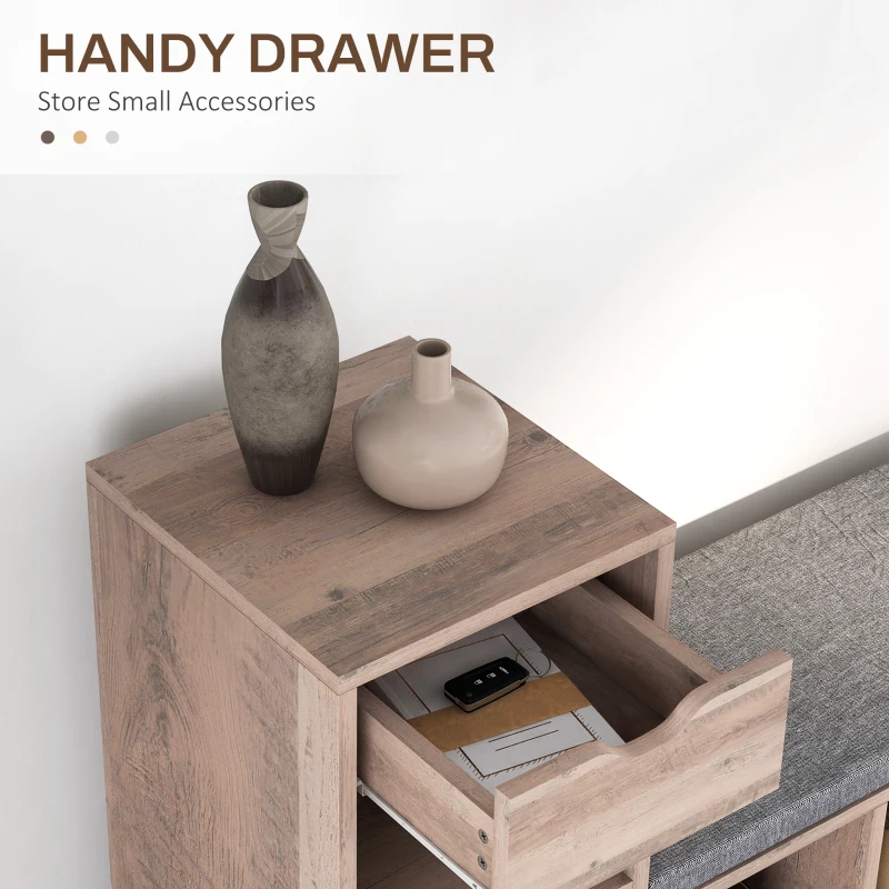 HOMCOM Upholstered Shoe Storage Bench w/ Seat, Entrance Bench w/ Drawer and 6 Open Shelves for Hallway, Grey