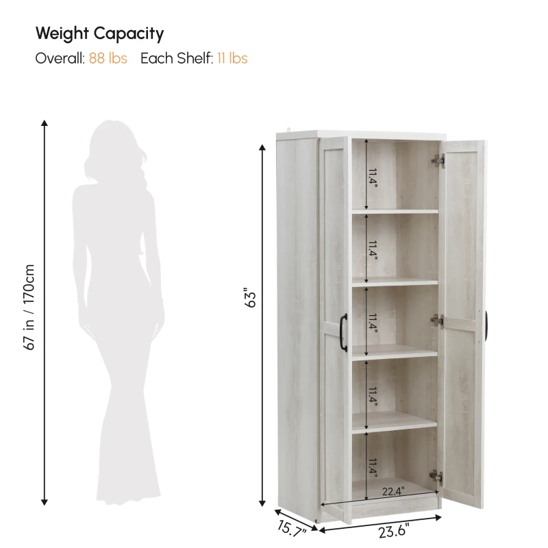HOMCOM 63" 2-Door Kitchen Pantry, Freestanding Storage Cabinet with 5-tier Shelving and 2 Adjustable Shelves for Dining Room, Antique White