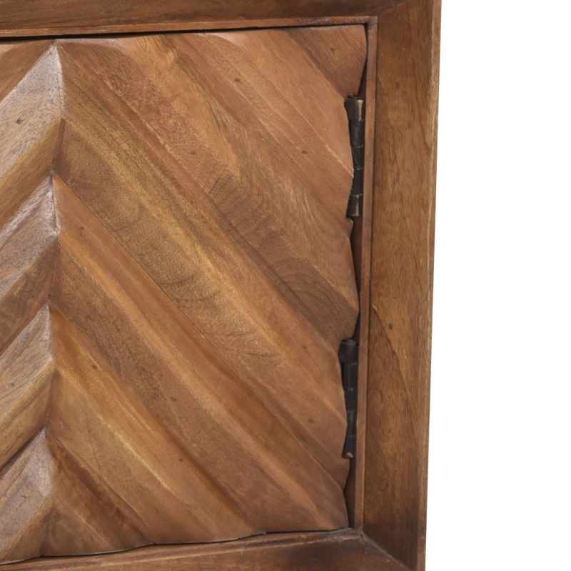 Mid-Century Modern Mango Wood Cabinet with Chevron Design, Wooden & Iron Nightstand, Handmade with Storage Space, 17.5" W x 15.0" D x 21.5" H, Dark Brown