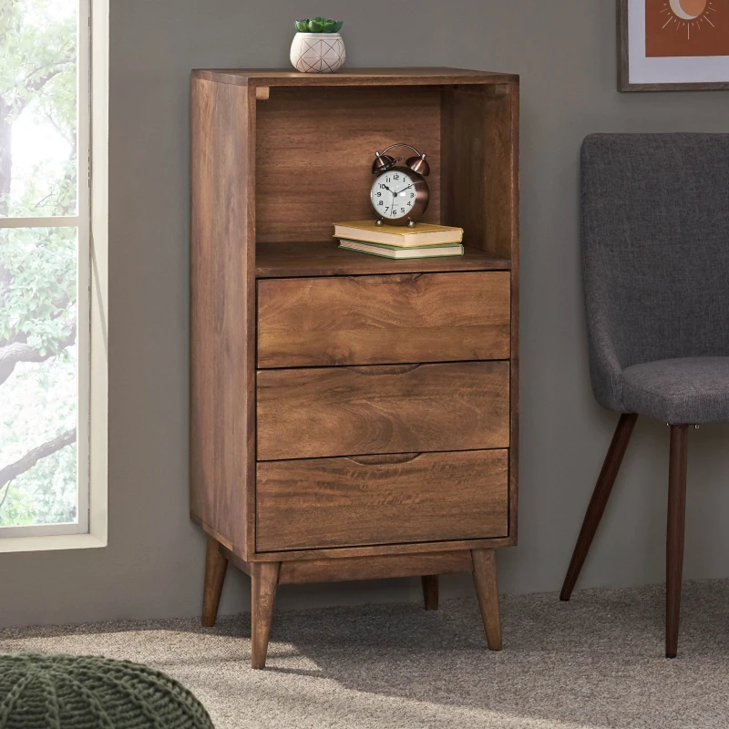 Modern 3-Drawer Handcrafted Mango Wood Chest with Splayed Legs and Display Cubby, Side Table for Bedroom, 20" W x 16" D x 41" H, Light Oak