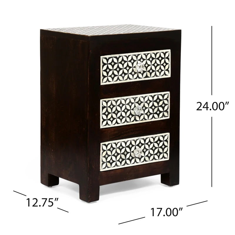 Handcrafted Boho Design with Mango Wood Frame and Buffalo Bone Inlay, Wooden 3-Drawer Nightstand, 17"W x 12"D x 24"H, Black + Dark Walnut