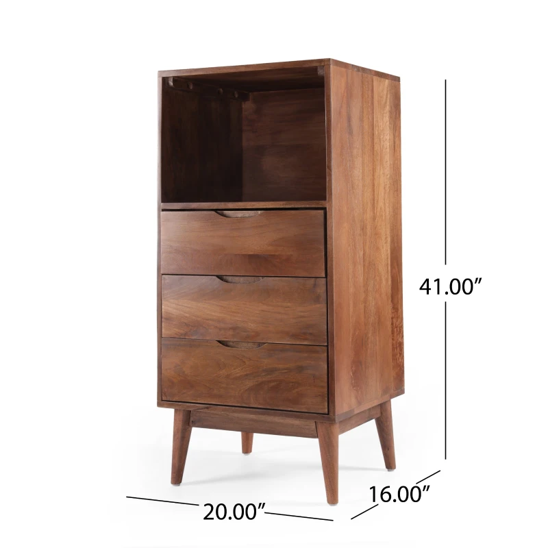 Modern 3-Drawer Handcrafted Mango Wood Chest with Splayed Legs and Display Cubby, Side Table for Bedroom, 20" W x 16" D x 41" H, Light Oak