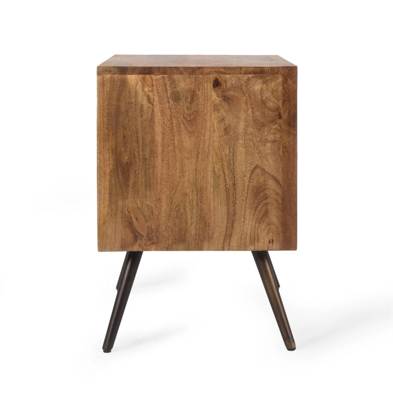 Mid-Century Modern Mango Wood Cabinet with Chevron Design, Wooden & Iron Nightstand, Handmade with Storage Space, 17.5" W x 15.0" D x 21.5" H, Dark Brown