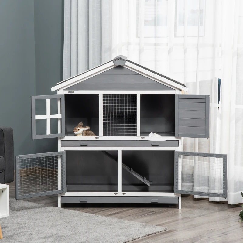 PawHut 49" Wooden Rabbit Hutch 2 Tier Bunny House Pet Playpen Enclosure for Indoor Outdoor with Slide-out Tray, Ramp, for Rabbits and Small Animals, Grey