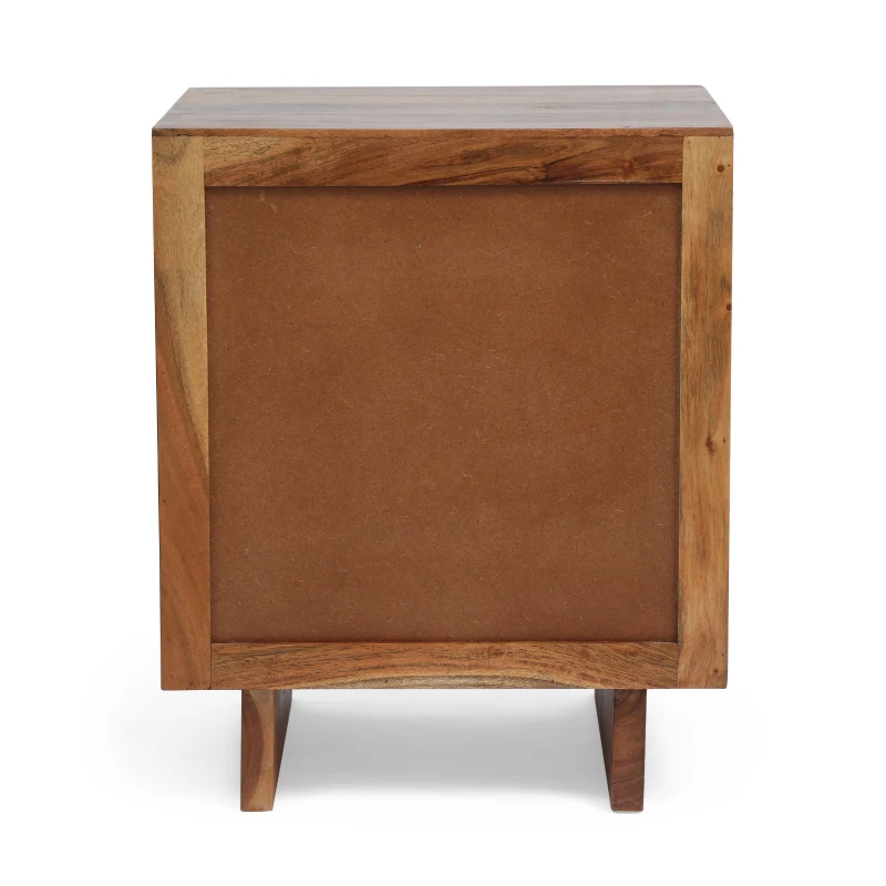 Boho Acacia Wood Nightstand, Handcrafted Design with Carved Accents, Drawer Shelf Storage, 18" W x 16" D x 22" H, Natural