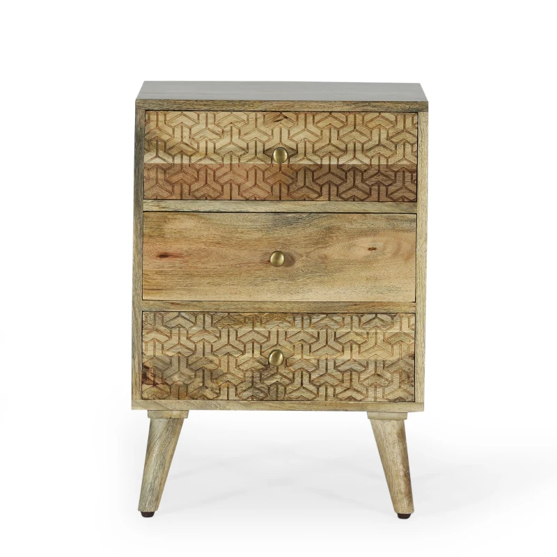 Handcrafted 3-Drawer Bedside Table with Carved Geometric Texture, Boho Mango Wood Nightstand, 18" W x 14" D x 26" H, Natural