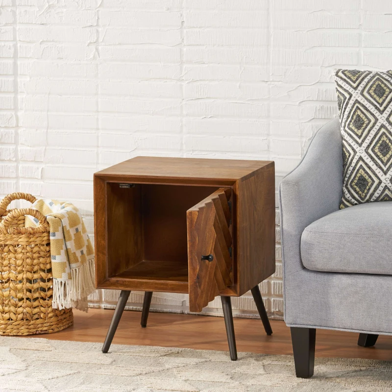 Mid-Century Modern Mango Wood Cabinet with Chevron Design, Wooden & Iron Nightstand, Handmade with Storage Space, 17.5" W x 15.0" D x 21.5" H, Dark Brown
