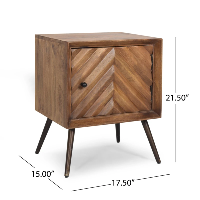 Mid-Century Modern Mango Wood Cabinet with Chevron Design, Wooden & Iron Nightstand, Handmade with Storage Space, 17.5" W x 15.0" D x 21.5" H, Dark Brown