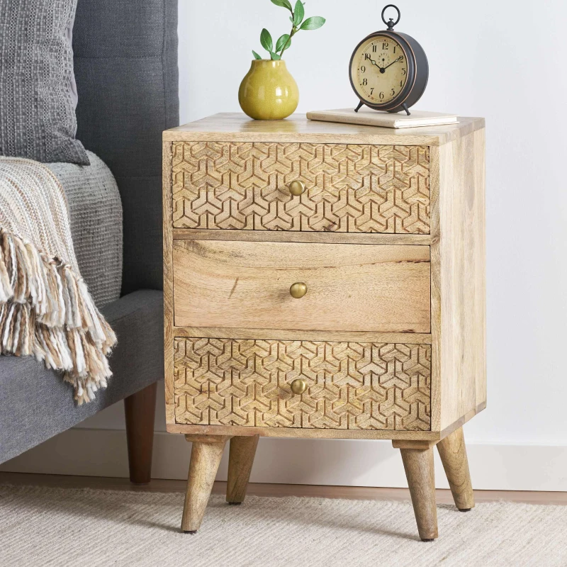 Handcrafted 3-Drawer Bedside Table with Carved Geometric Texture, Boho Mango Wood Nightstand, 18" W x 14" D x 26" H, Natural