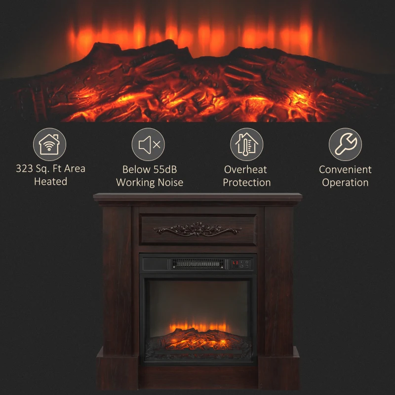 HOMCOM 32" Electric Fireplace with Mantel, Freestanding Heater with LED Log Flame, Overheat Protection and Remote Control, 1400W, Brown