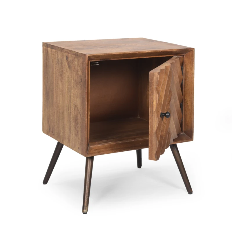 Mid-Century Modern Mango Wood Cabinet with Chevron Design, Wooden & Iron Nightstand, Handmade with Storage Space, 17.5" W x 15.0" D x 21.5" H, Dark Brown