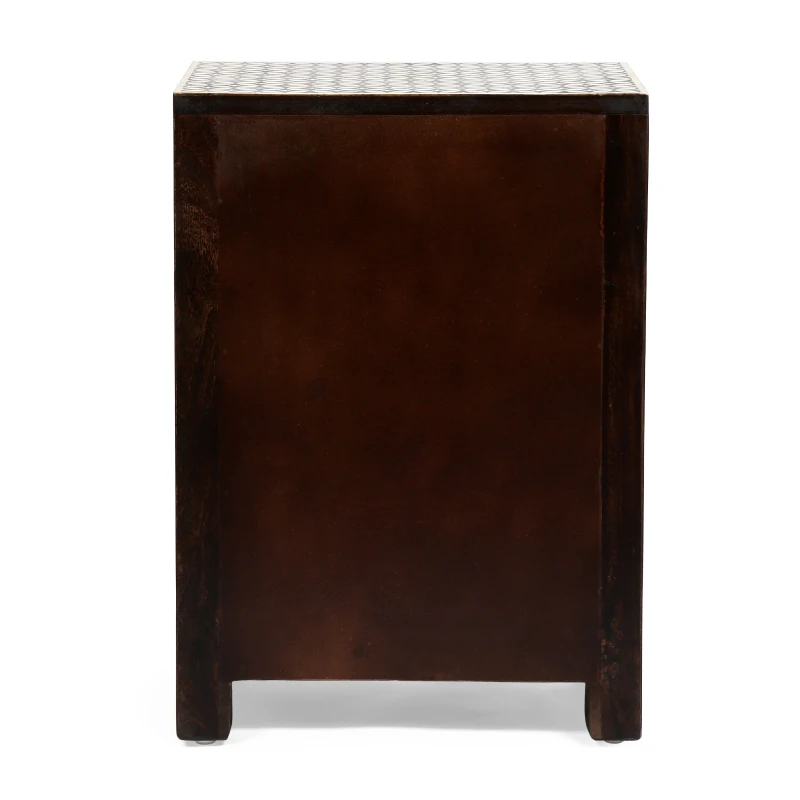 Handcrafted Boho Design with Mango Wood Frame and Buffalo Bone Inlay, Wooden 3-Drawer Nightstand, 17"W x 12"D x 24"H, Black + Dark Walnut