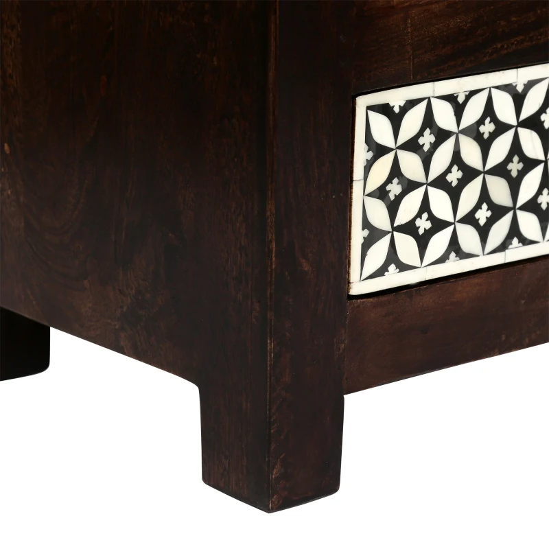 Handcrafted Boho Design with Mango Wood Frame and Buffalo Bone Inlay, Wooden 3-Drawer Nightstand, 17"W x 12"D x 24"H, Black + Dark Walnut