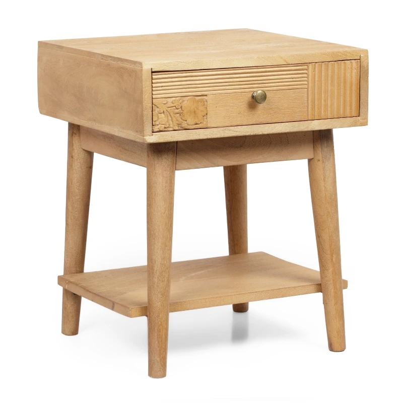 Vinsetto Boho Mango Wood Nightstand, Handcrafted Design with Carved Accents, Drawer and Bottom Shelf Storage, 17" W x 17" D x 21" H, Natural