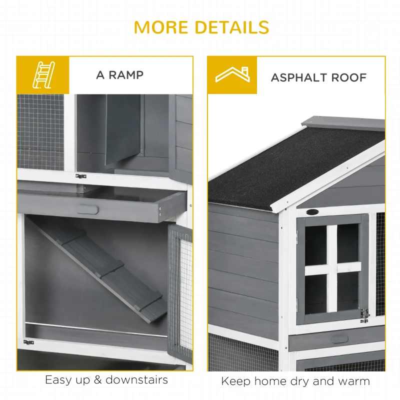 PawHut 49" Wooden Rabbit Hutch 2 Tier Bunny House Pet Playpen Enclosure for Indoor Outdoor with Slide-out Tray, Ramp, for Rabbits and Small Animals, Grey