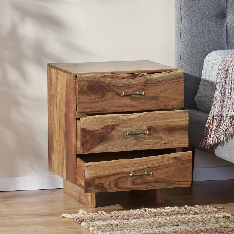 Boho Acacia Wood Nightstand, Handcrafted Design with Carved Accents, Drawer Shelf Storage, 18" W x 16" D x 22" H, Natural