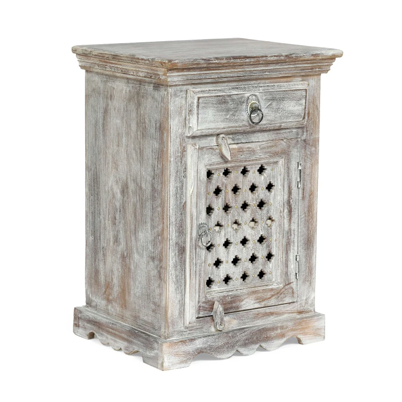 Wooden Nightstand with Drawer and Door, Handcrafted Boho Design, Durable Mango Wood Frame, 17.50"W x 14.00"D x 24.00"H, White