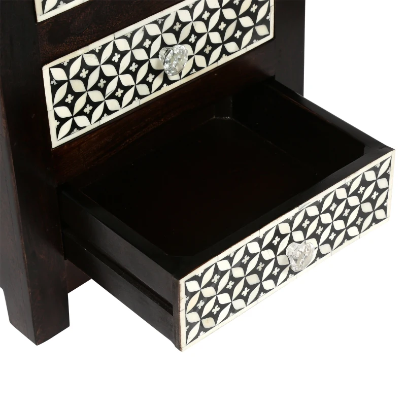 Handcrafted Boho Design with Mango Wood Frame and Buffalo Bone Inlay, Wooden 3-Drawer Nightstand, 17"W x 12"D x 24"H, Black + Dark Walnut