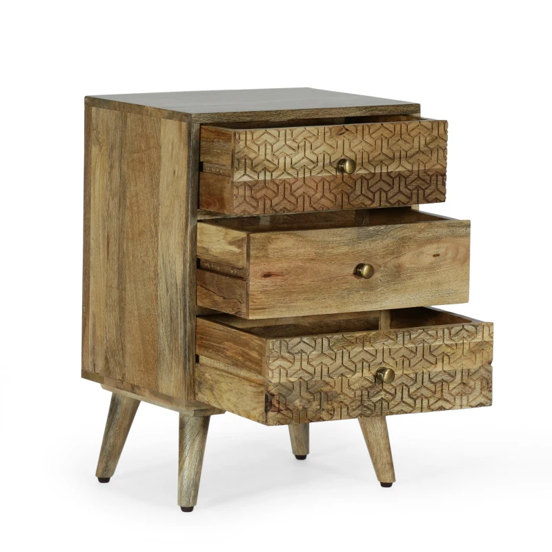 Handcrafted 3-Drawer Bedside Table with Carved Geometric Texture, Boho Mango Wood Nightstand, 18" W x 14" D x 26" H, Natural
