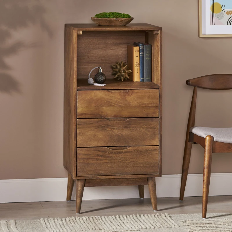 Modern 3-Drawer Handcrafted Mango Wood Chest with Splayed Legs and Display Cubby, Side Table for Bedroom, 20" W x 16" D x 41" H, Light Oak