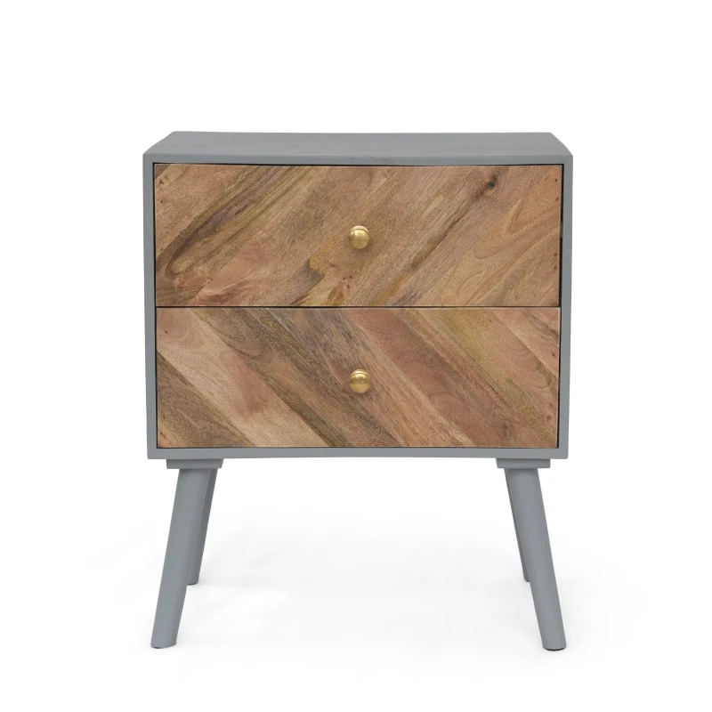 Handmade 2-Drawer Cabinet with MDF Frame and Splayed Legs, Mid-Century Modern Mango Wood Nightstand, 20" W x 13" D x 24" H, Natural