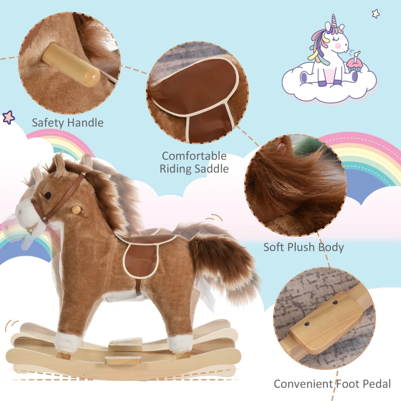 Qaba Rocking Horse Plush Animal on Wooden Rockers, Baby Rocking Chair with Sounds, Moving Mouth, Wagging Tail, Brown
