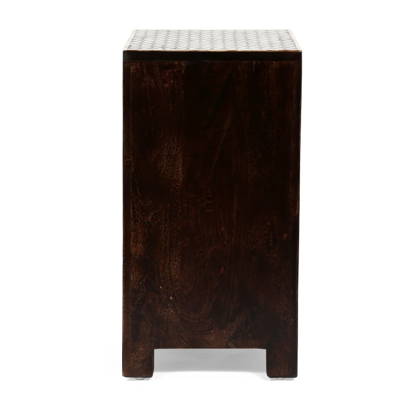 Handcrafted Boho Design with Mango Wood Frame and Buffalo Bone Inlay, Wooden 3-Drawer Nightstand, 17"W x 12"D x 24"H, Black + Dark Walnut