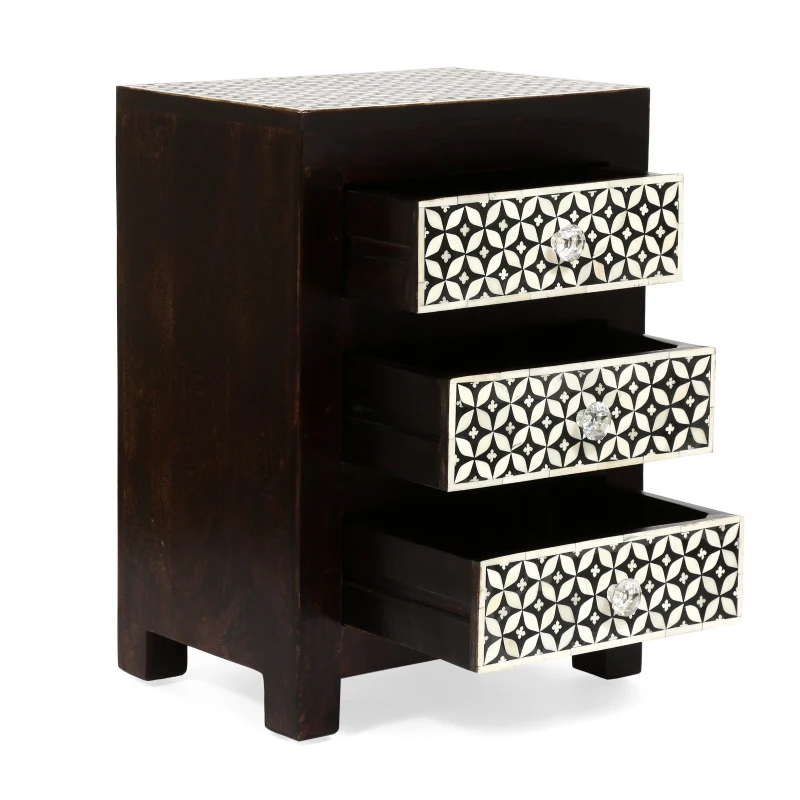 Handcrafted Boho Design with Mango Wood Frame and Buffalo Bone Inlay, Wooden 3-Drawer Nightstand, 17"W x 12"D x 24"H, Black + Dark Walnut
