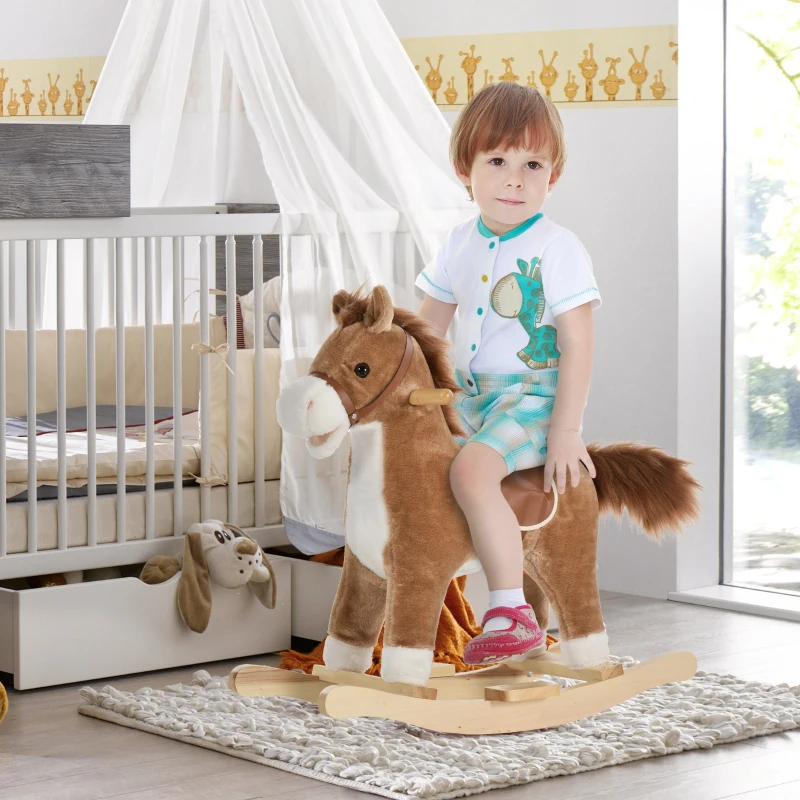 Qaba Rocking Horse Plush Animal on Wooden Rockers, Baby Rocking Chair with Sounds, Moving Mouth, Wagging Tail, Brown