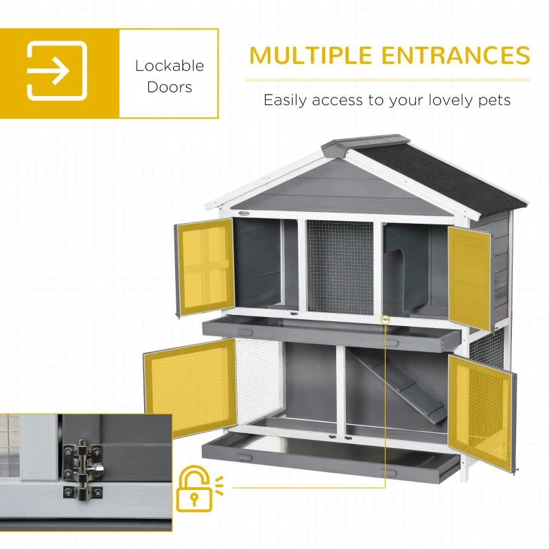 PawHut 49" Wooden Rabbit Hutch 2 Tier Bunny House Pet Playpen Enclosure for Indoor Outdoor with Slide-out Tray, Ramp, for Rabbits and Small Animals, Grey