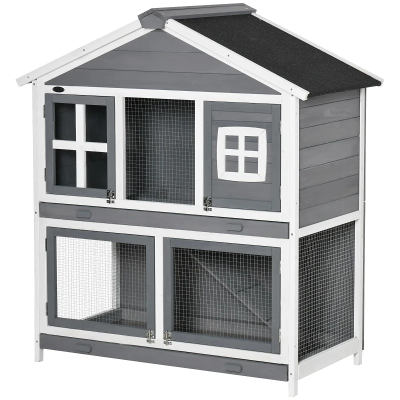 PawHut 49" Wooden Rabbit Hutch 2 Tier Bunny House Pet Playpen Enclosure for Indoor Outdoor with Slide-out Tray, Ramp, for Rabbits and Small Animals, Grey