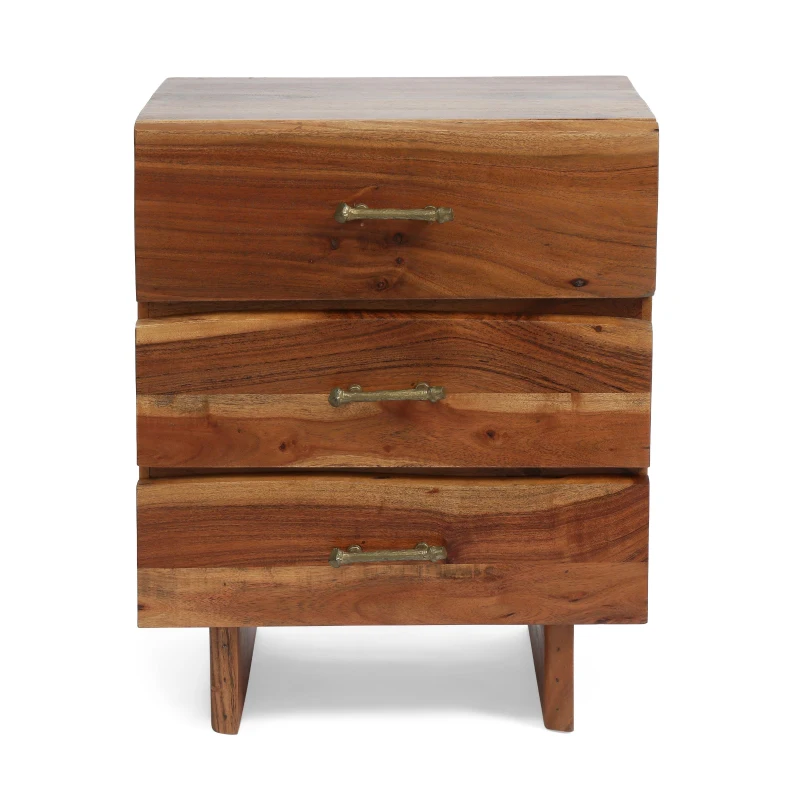 Boho Acacia Wood Nightstand, Handcrafted Design with Carved Accents, Drawer Shelf Storage, 18" W x 16" D x 22" H, Natural